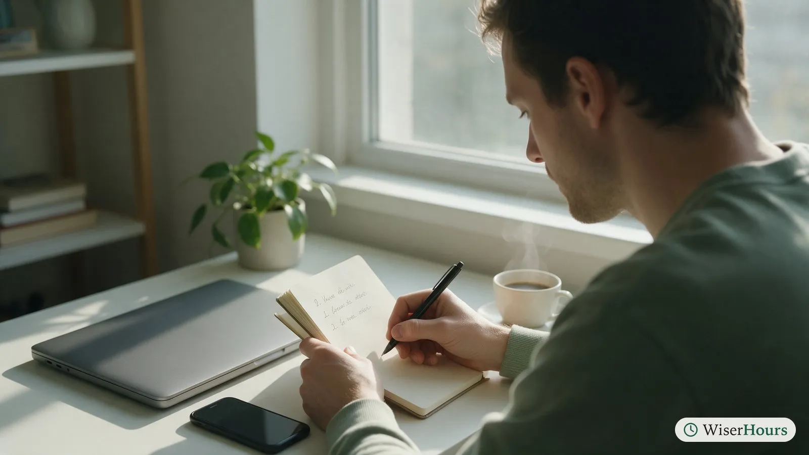 A man at a desk by a window writes three short lines in a notebook before a talk with his boss.