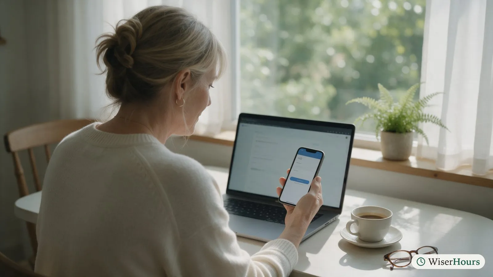 A woman at a kitchen table confirms a sign-in on her phone beside her laptop, screens blurred.