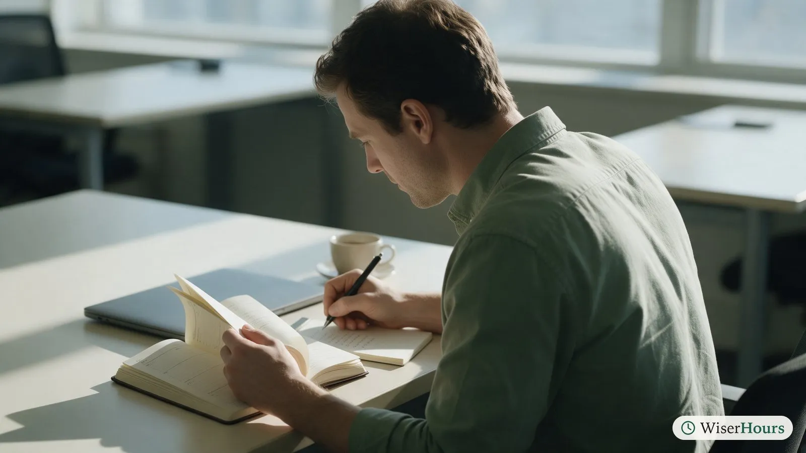 A man at an office desk looks back through a paper diary while writing a list of his tasks on a notepad.