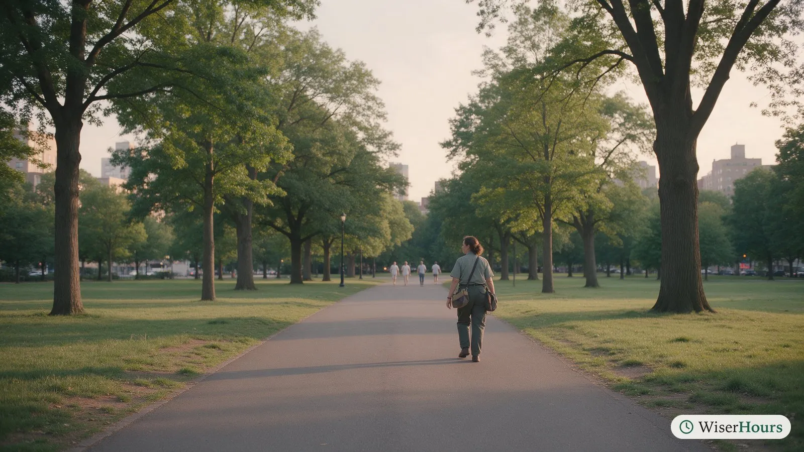 A woman in work clothes walks through a city park at dusk with her bag on her shoulder.