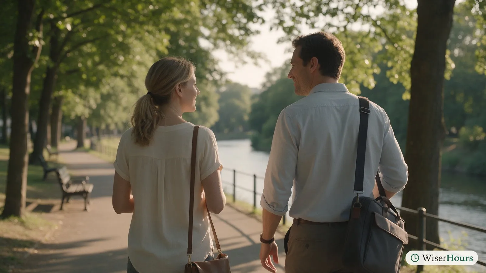 Two friends walk and talk along a tree-lined riverside path in the early evening, seen from behind.