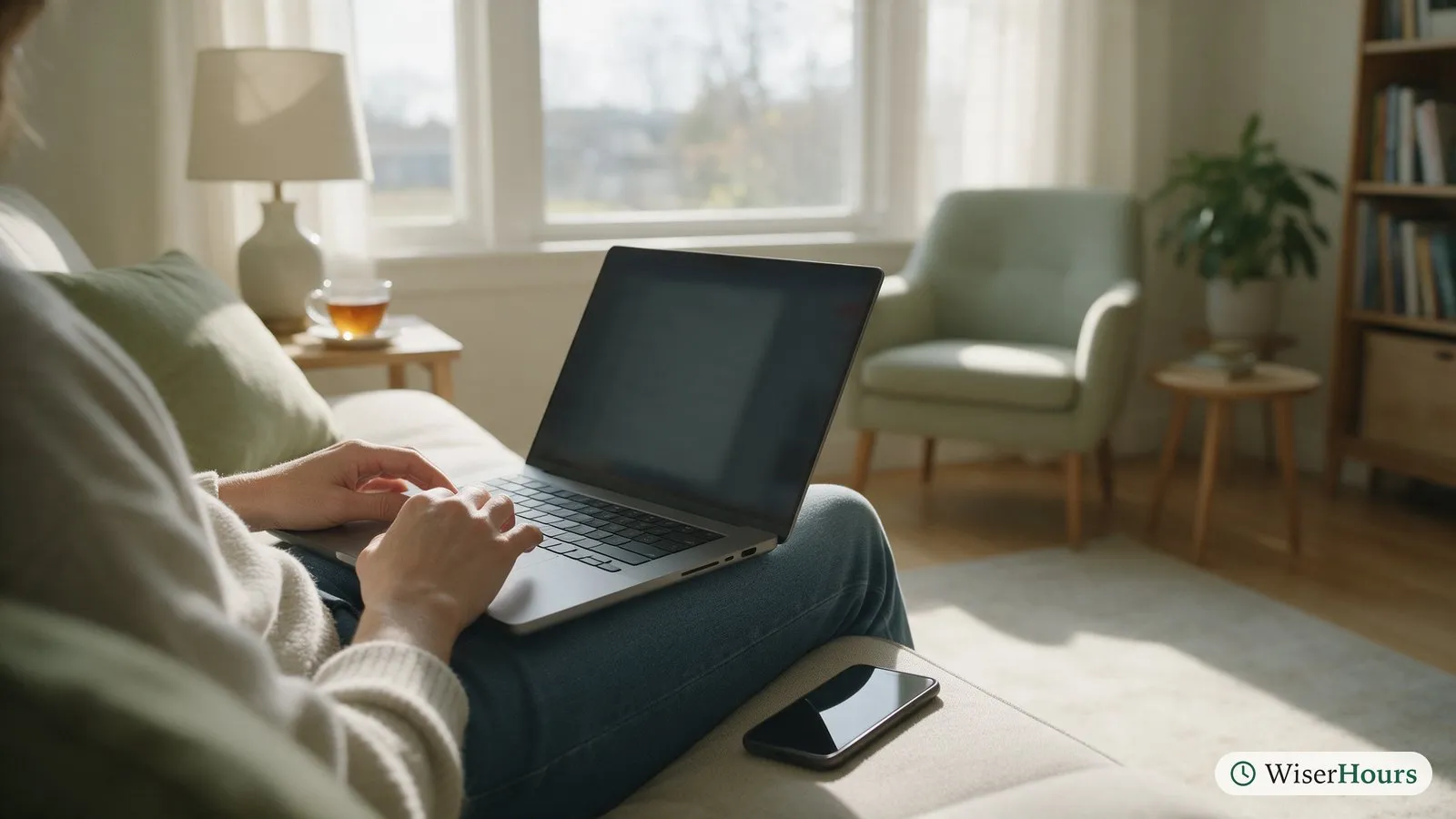 A person on a sofa with a laptop on their knees and a phone beside them, seen from over the shoulder.