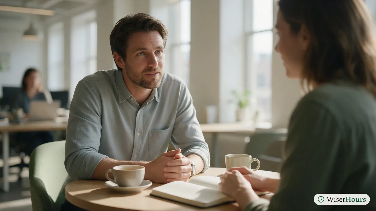 A manager and a team member talk at a small round table with coffee and a notebook during a one-on-one.