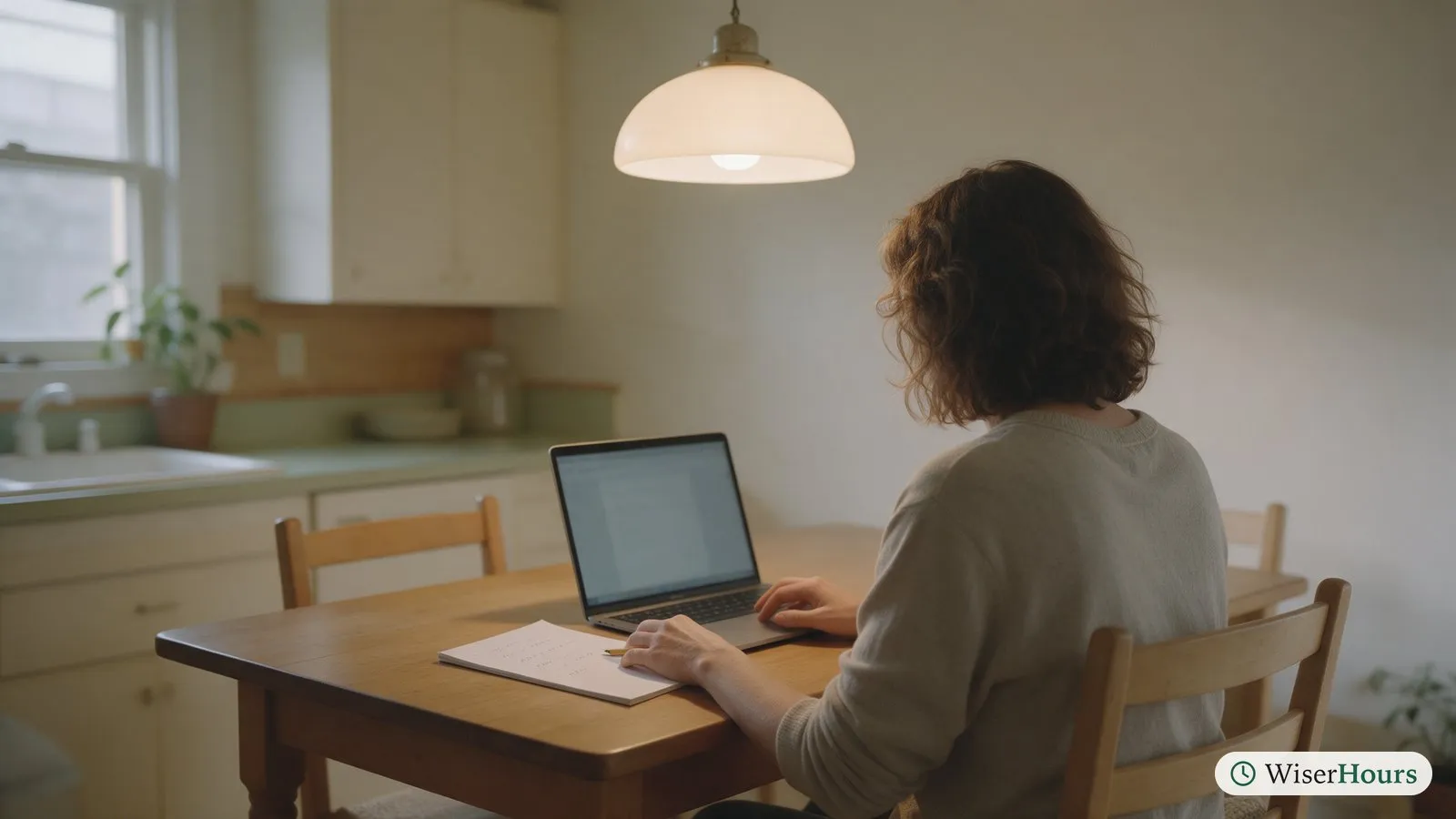A person at a kitchen table compares notes on a paper pad beside a laptop, seen from over the shoulder.