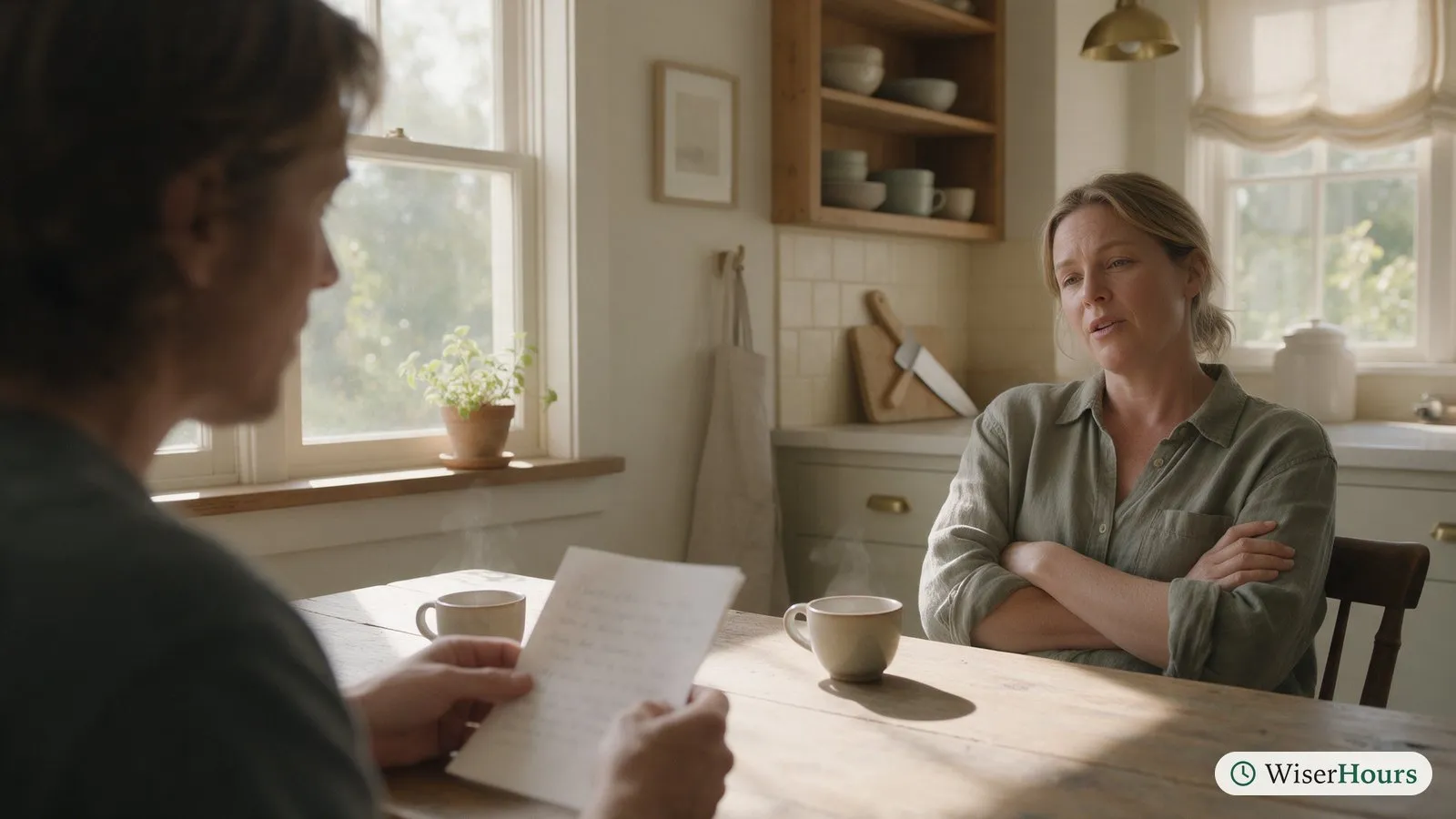 Two friends at a kitchen table rehearse a conversation, one reading from notes while the other plays the counterpart.