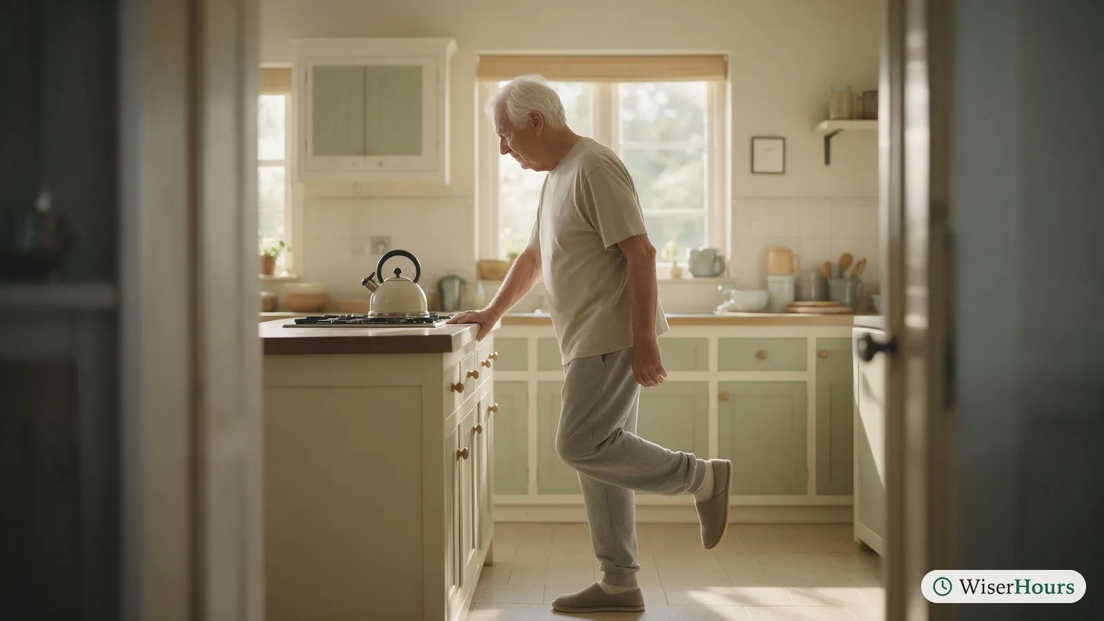 An older man stands on one leg beside a kitchen counter, one hand resting lightly on its edge.