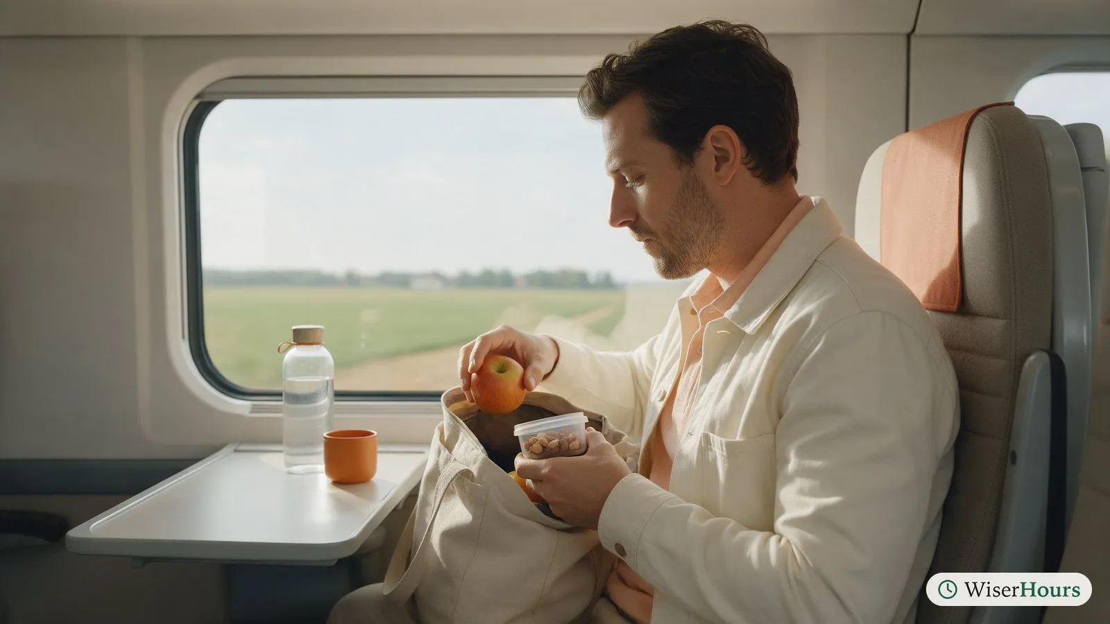 A traveler on a train takes an apple and a small tub of nuts out of a bag.