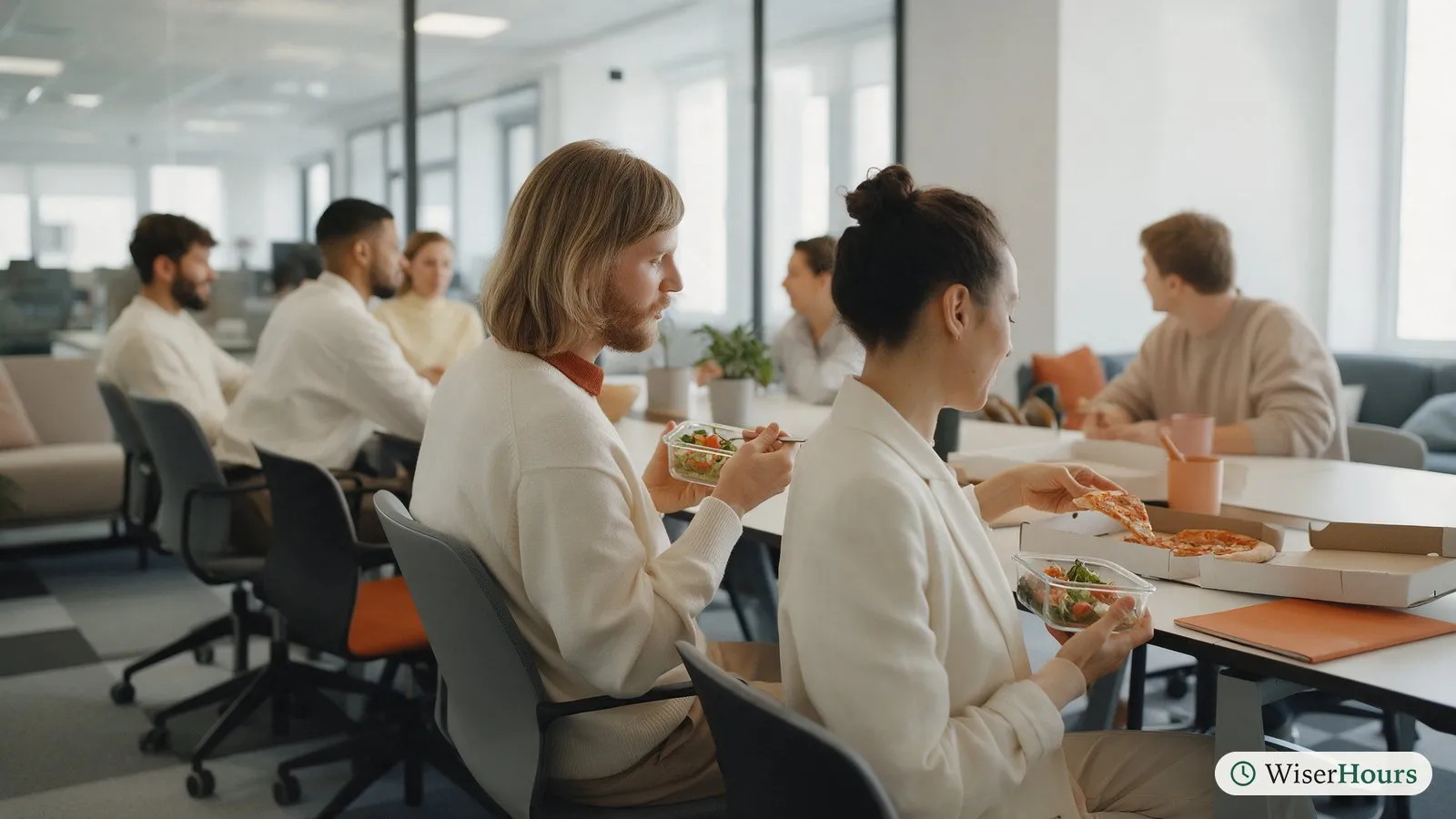 Two colleagues eat home-made salads at a team lunch with shared pizza in an office meeting room.