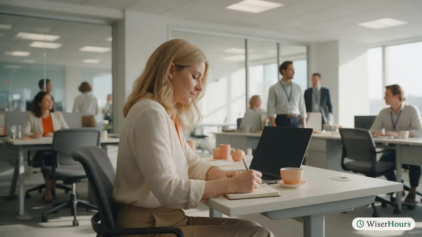 An office worker pauses at her desk to write a quick note in a small paper notebook.