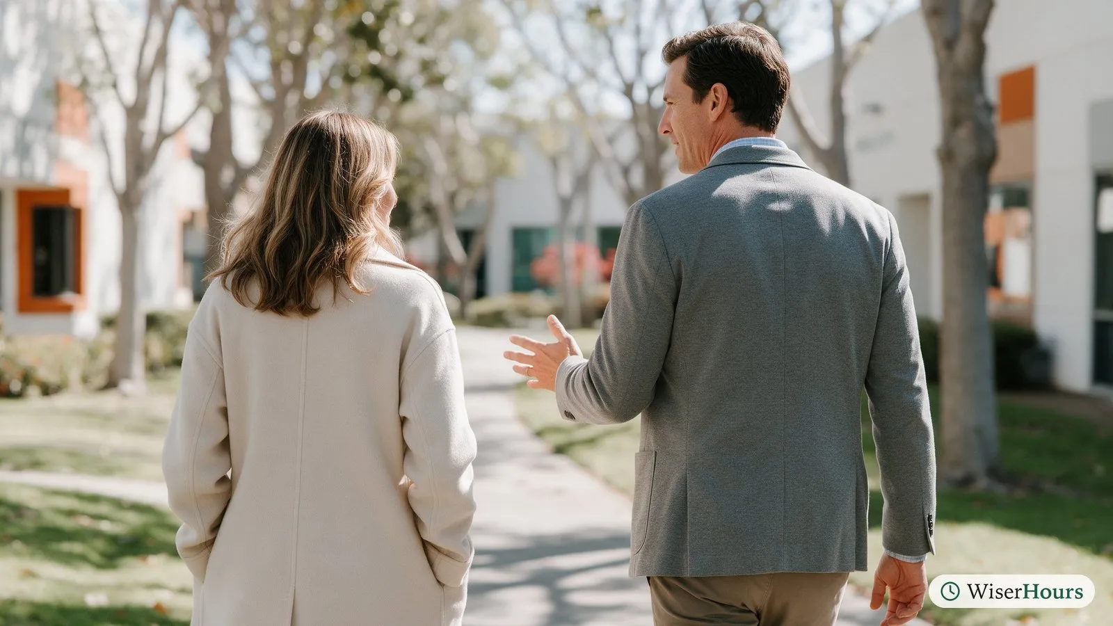 Two office workers take an easy stroll along a tree-lined path after lunch.