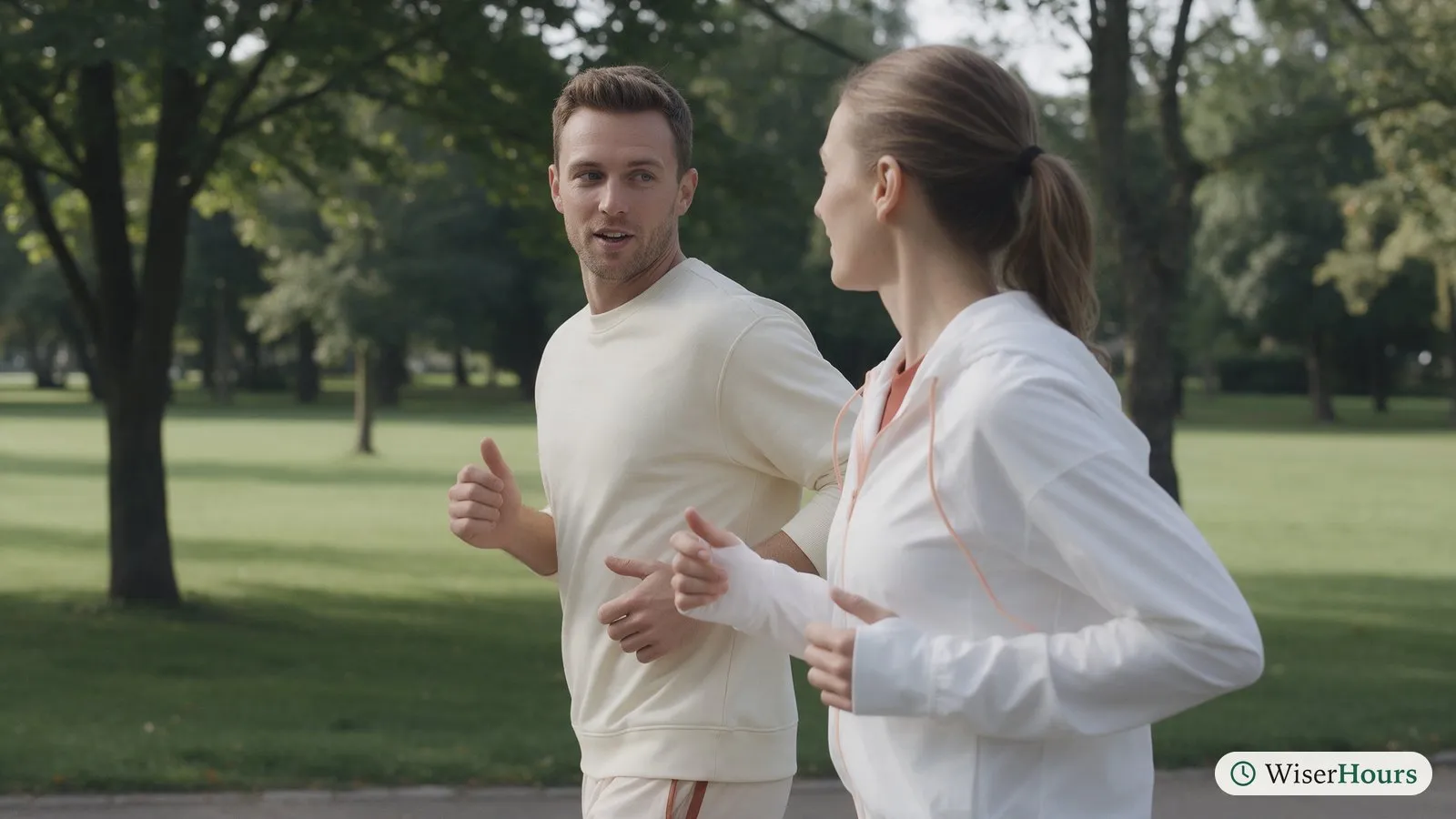Two friends jog side by side on a park path at an easy, chatty pace.