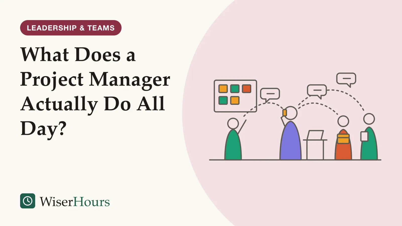 An illustrated cover card headed “What Does a Project Manager Actually Do All Day?”. Line drawing of a person in the middle of the picture holding a phone to one ear beside a small table with an open laptop. Dashed lines and small speech bubbles connect them to three other people: one beside a wall board covered in sticky notes, one carrying a box, and one holding a folder.