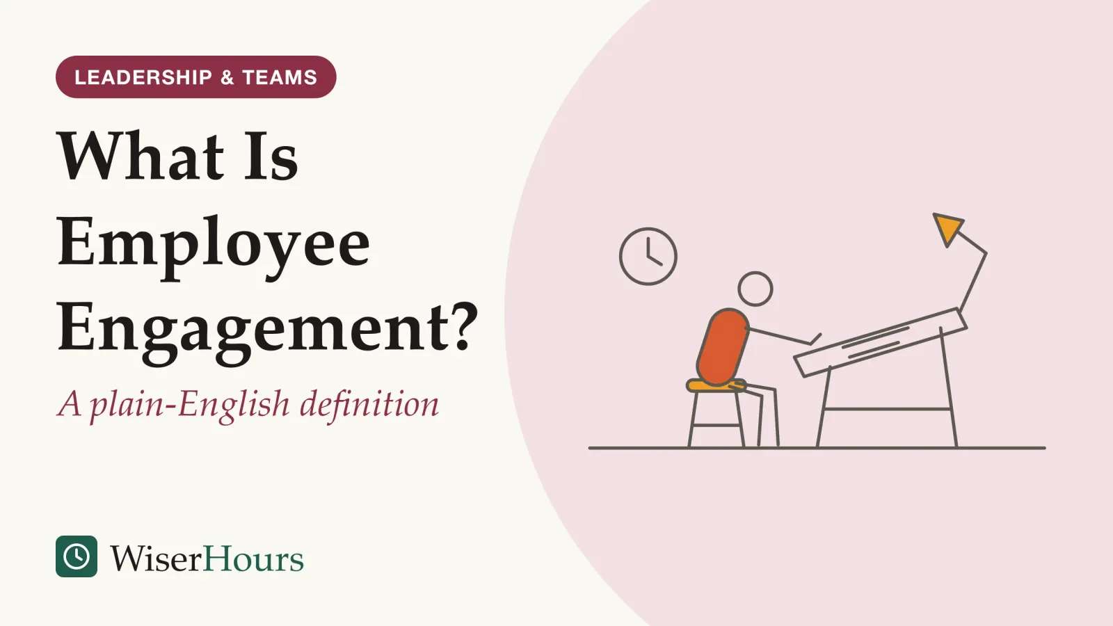 An illustrated cover card headed “What Is Employee Engagement?”, with the line “A plain-English definition”. Line drawing of a person on a stool leaning in toward a tilted drafting table, pencil on the page, under a desk lamp, with a clock on the wall behind.
