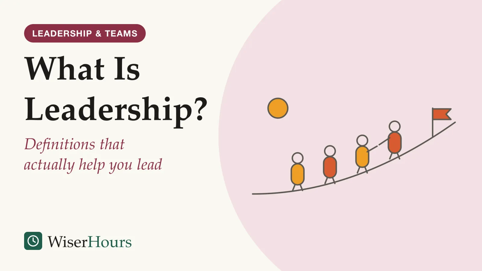 An illustrated cover card headed “What Is Leadership?”, with the line “Definitions that actually help you lead”. Line drawing of four people walking up a gentle hill toward a flag at the top; the person in front has turned and reaches a hand back to the next person.