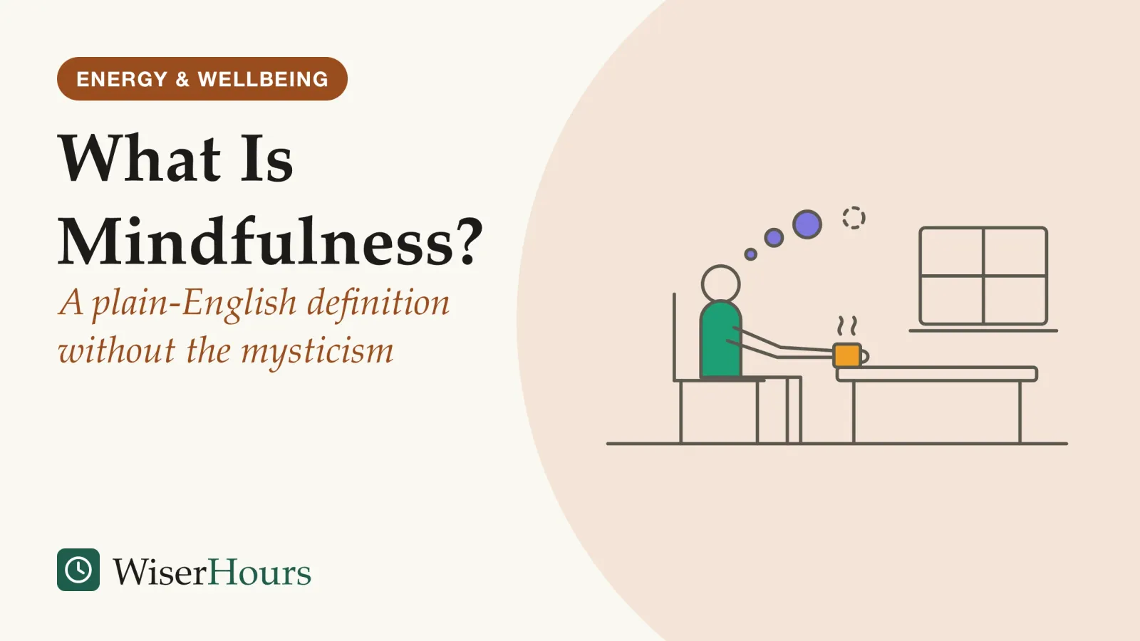 An illustrated cover card headed “What Is Mindfulness?”, with the line “A plain-English definition without the mysticism”. Line drawing of a person sitting on an ordinary chair at a table with both hands around a steaming mug, next to a window, while three small thought bubbles drift up and away from their head.