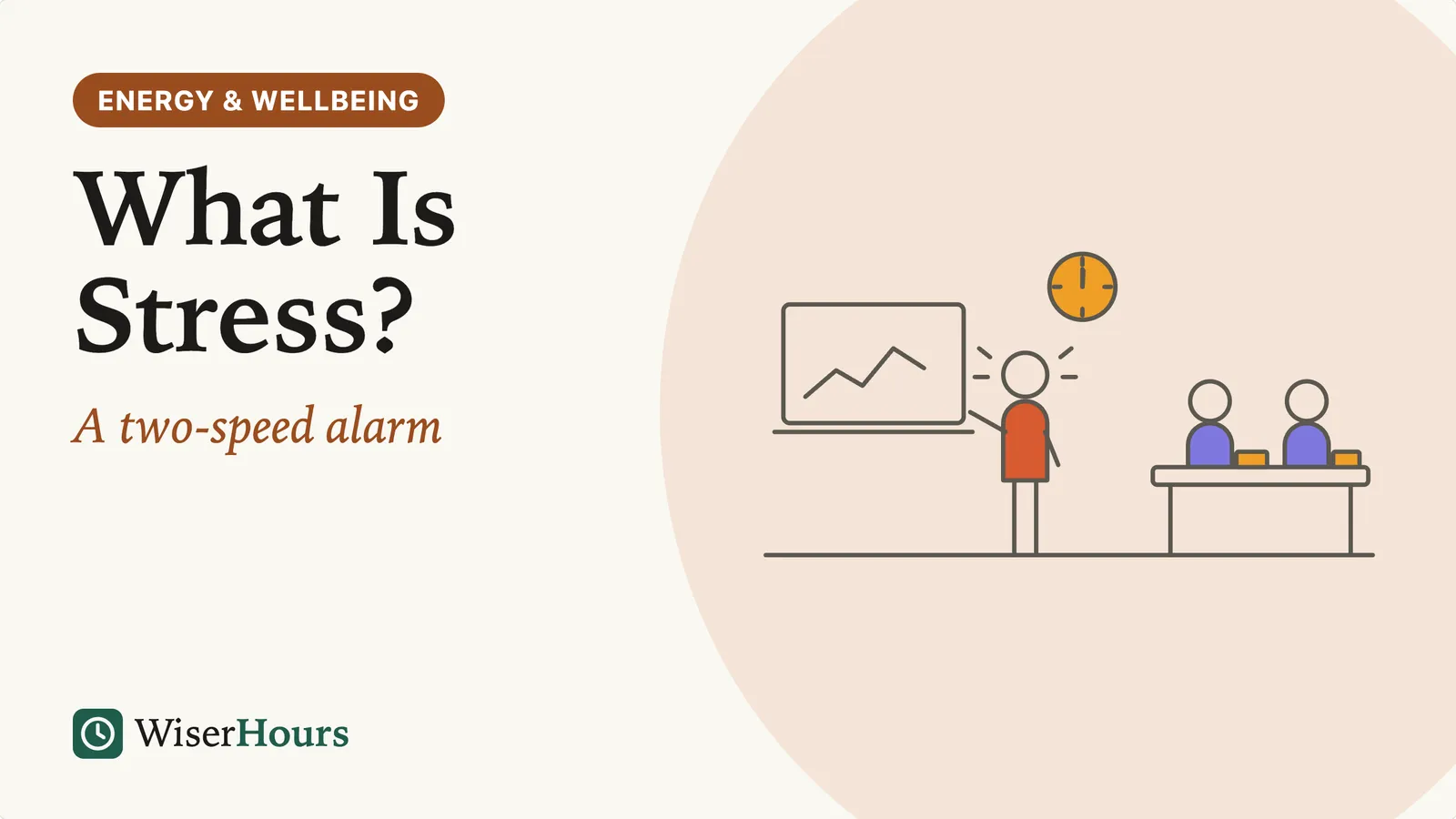 An illustrated cover card headed 'What Is Stress?' A person presents a jagged rising chart to two seated colleagues, alarm lines radiating from their head and a clock ticking above them.
