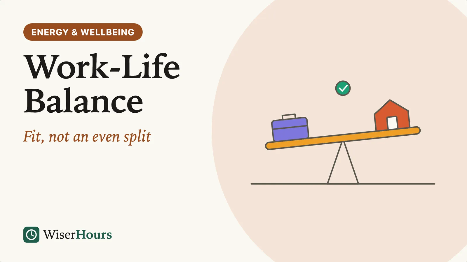An illustrated cover card headed 'Work-Life Balance,' with the line 'Fit, not an even split.' A seesaw tips with a briefcase on the low end and a house on the raised end, a green check mark floating above the pivot.