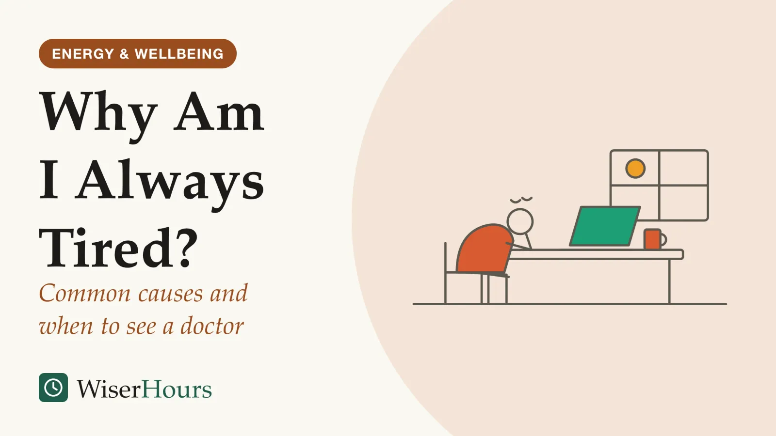 An illustrated cover card headed “Why Am I Always Tired?”, with the line “Common causes and when to see a doctor”. Line drawing of a person sitting at a desk in daytime with their head propped on one hand, next to an open laptop and a mug, with the sun visible through a window.