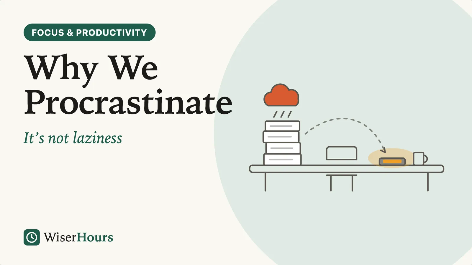 An illustrated cover card headed 'Why We Procrastinate.' A red rain cloud hangs over a stack of paperwork, and a dashed arrow curves away from it to a glowing phone at the other end of the desk.