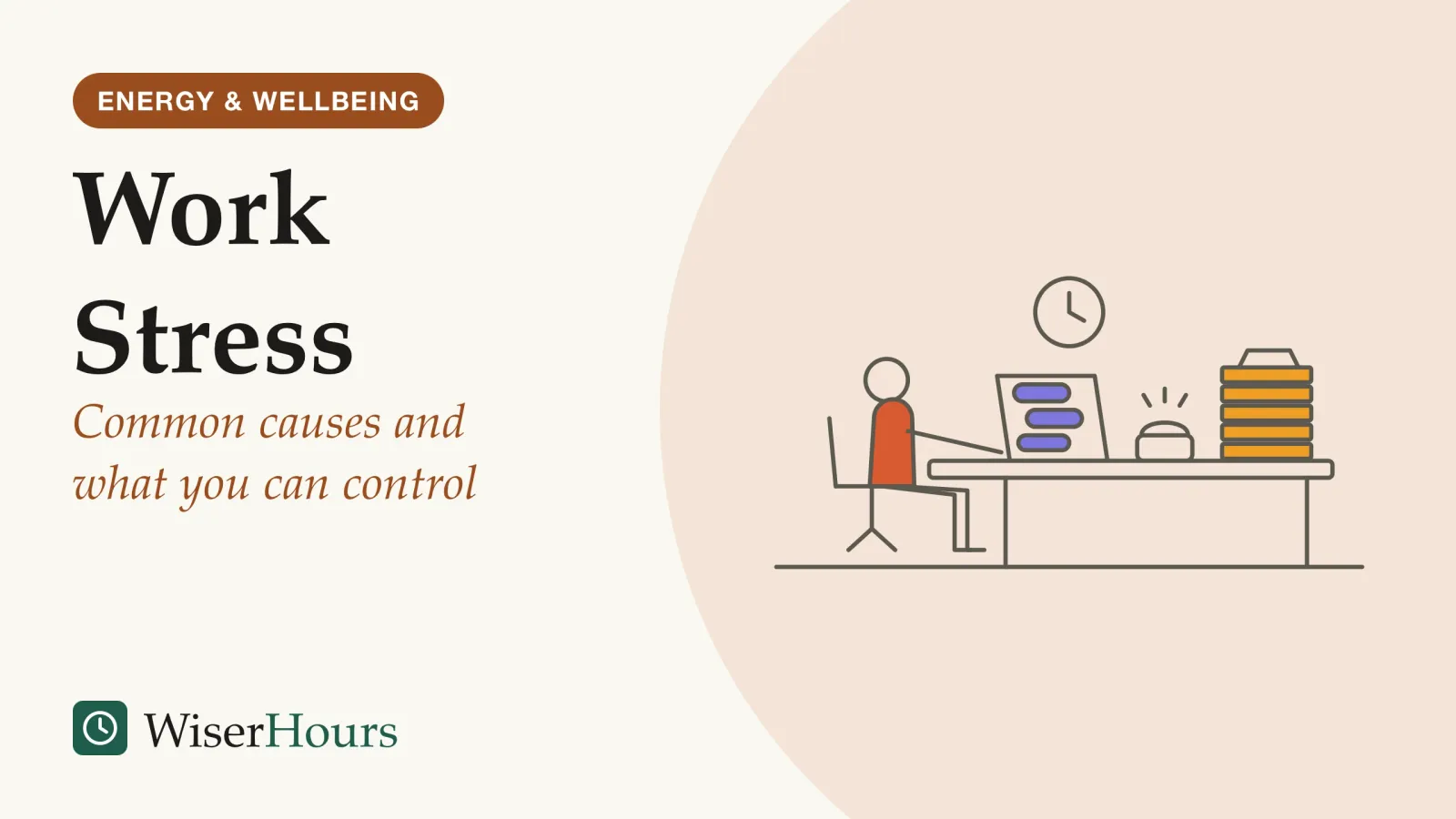 An illustrated cover card headed “Work Stress”, with the line “Common causes and what you can control”. Line drawing of a person seated at a desk with a hand on a laptop showing three message bubbles, a tall in-tray of folders beside them, a ringing desk phone and a clock on the wall above.