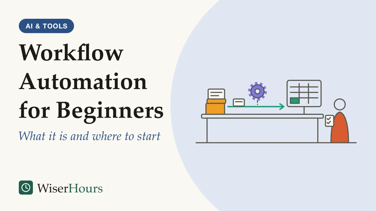 An illustrated cover card headed “Workflow Automation for Beginners”, with the line “What it is and where to start”. Line drawing of a stack of form cards on the left. A conveyor carries one card through a small gear to a computer monitor on the right that shows a spreadsheet grid. A person stands beside the desk holding a clipboard with tick marks, watching the process.