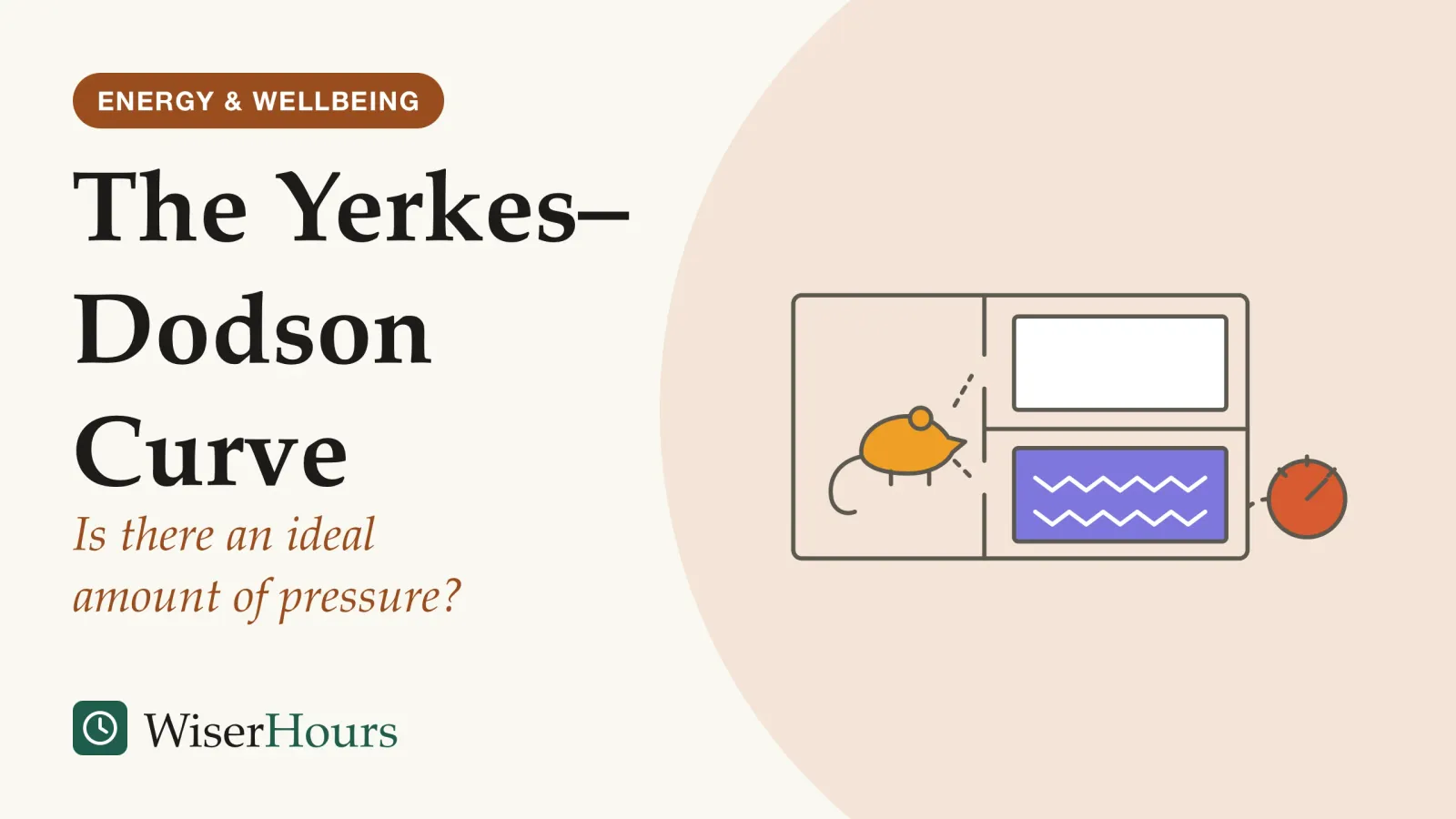 An illustrated cover card headed “The Yerkes–Dodson Curve”, with the line “Is there an ideal amount of pressure?”. Line drawing of a small mouse in a wooden box facing two doorways, one into a light compartment and one into a dark compartment with zigzag wires on its floor, next to a round dial.
