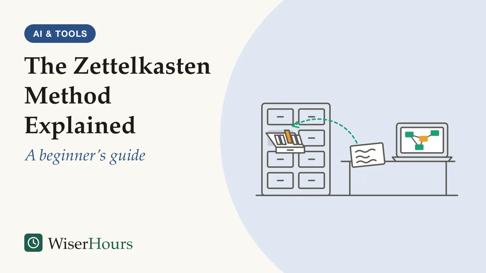 An illustrated cover card headed “The Zettelkasten Method Explained”, with the line “A beginner’s guide”. Line drawing of a desk beside a card cabinet with one drawer pulled out, showing a row of index cards standing on edge. A single handwritten card lies on the desk, and a dashed arrow runs from it into the open drawer. On the right, an open laptop shows four small note boxes joined by lines.